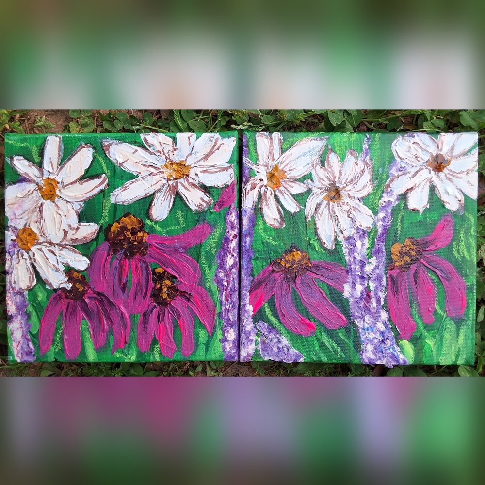 "Daisy Days" Original Artwork Diptych - Daisies & Magenta Coneflowers (2) 6 X 6 - Picture 4 of 8